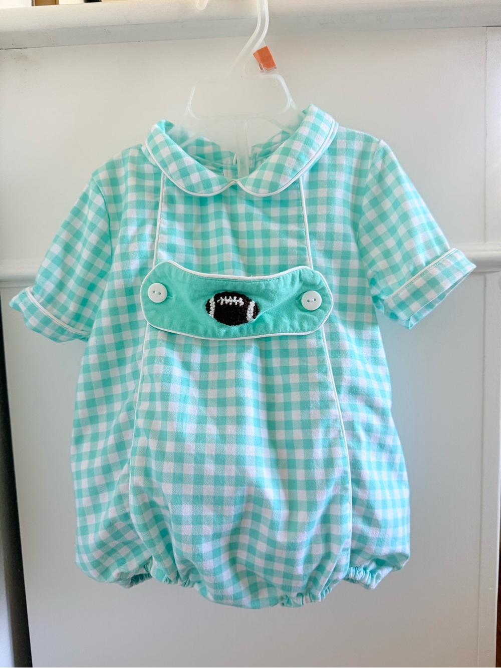 Southern Taters Mint Gingham Bubble Romper 9M Interchangeable Tabs Football Pump